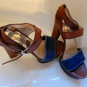 Michael Kors leather & blue jean platform heel sandal criss cross straps